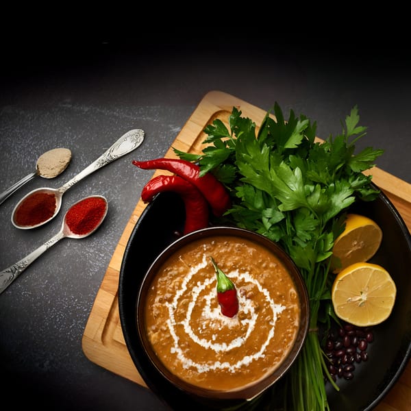 Indian lentil curry with cream swirl, red chili, parsley, lemon, and spices on a dark background.